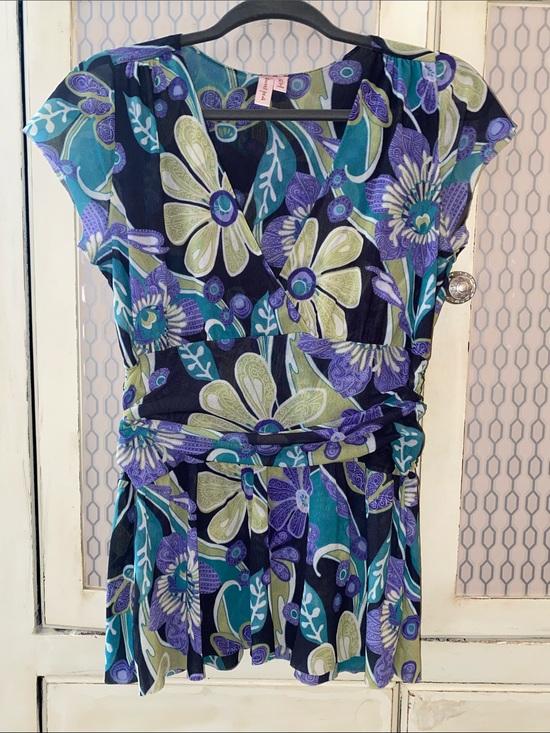 Sweet Pea Tops - Sweet Pea Floral Wrap Tunic in Navy, Teal & Purple